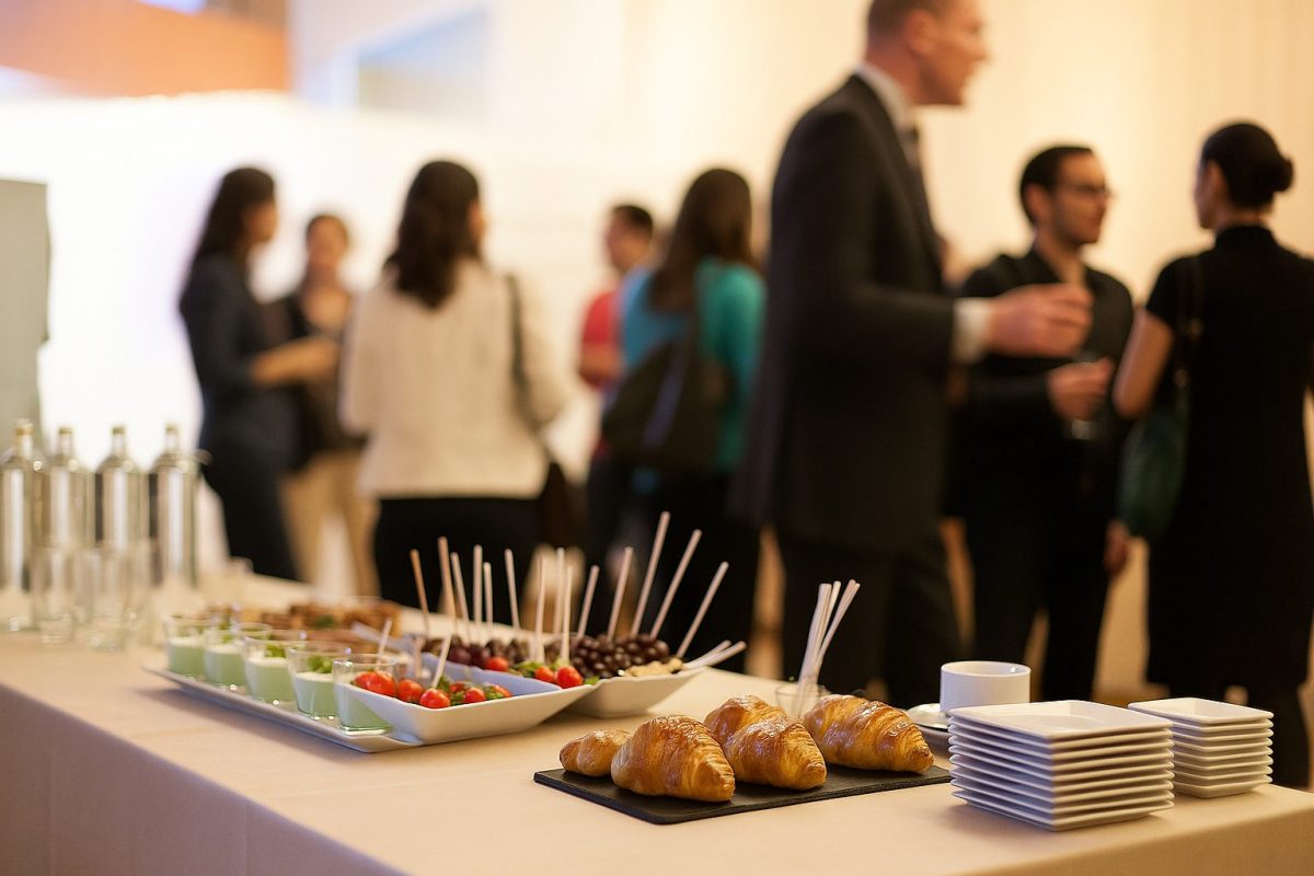 Buffet com petiscos e bebidas em destaque, enquanto pessoas socializam ao fundo em um evento corporativo.