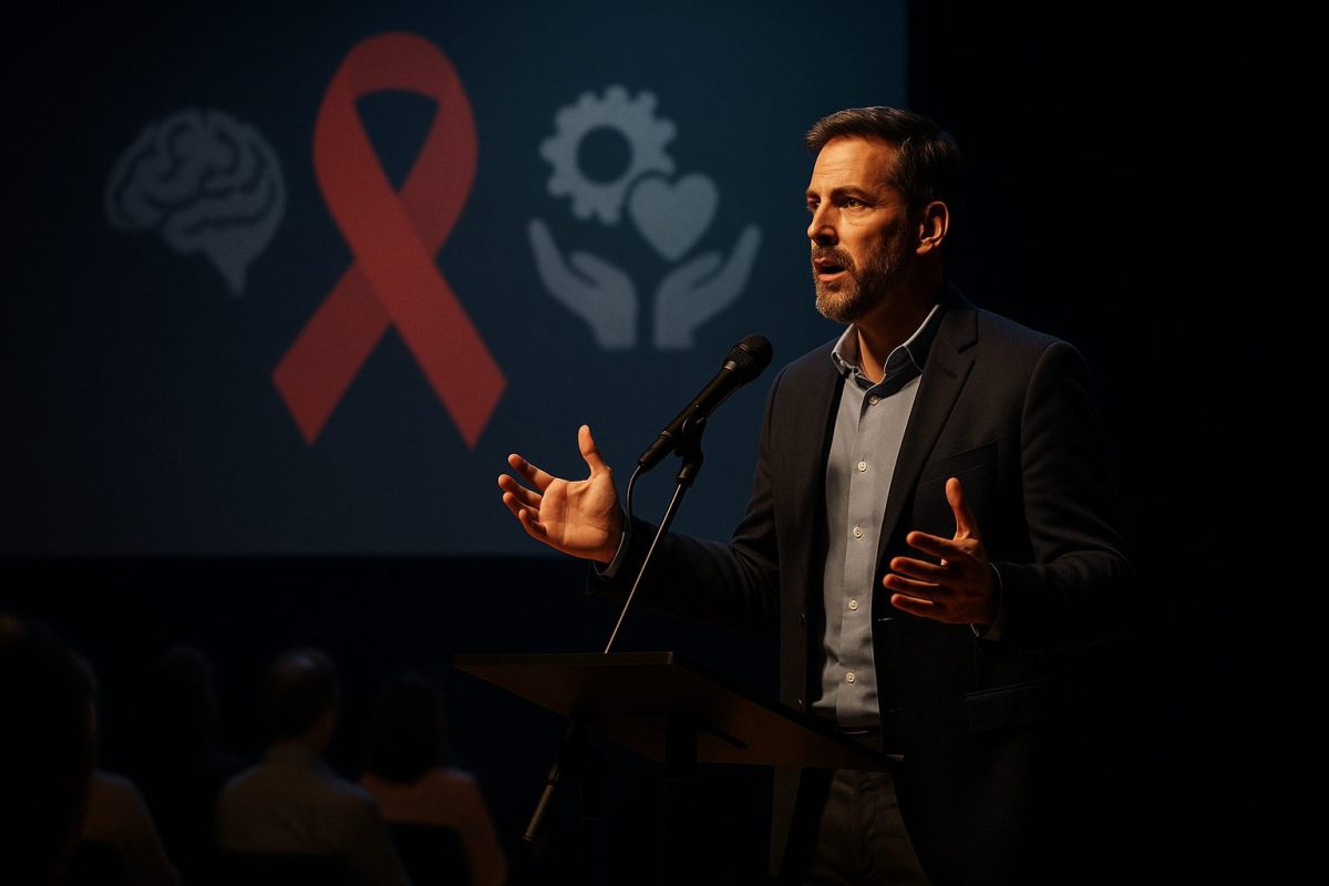 Homem apresentador no palco sob luz cálida, gesticulando com as mãos abertas, com tela ao fundo exibindo discretos ícones de cérebro, engrenagens, coração e laço de conscientização sobre câncer; público em silhueta desfocada ao redor.