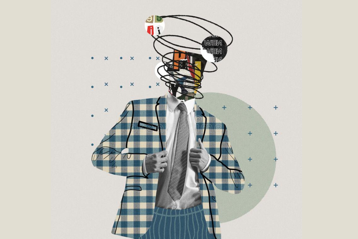 Ilustração conceitual de um homem em traje social com cabeça composta por colagens de letras, padrões gráficos e linhas caóticas que giram em espiral.