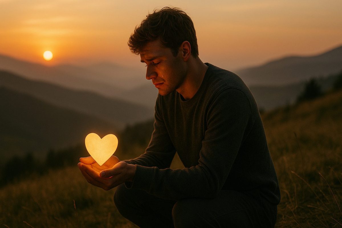 Homem ajoelhado em uma colina ao entardecer, segurando um coração luminoso entre as mãos, com uma lágrima escorrendo pelo seu rosto.