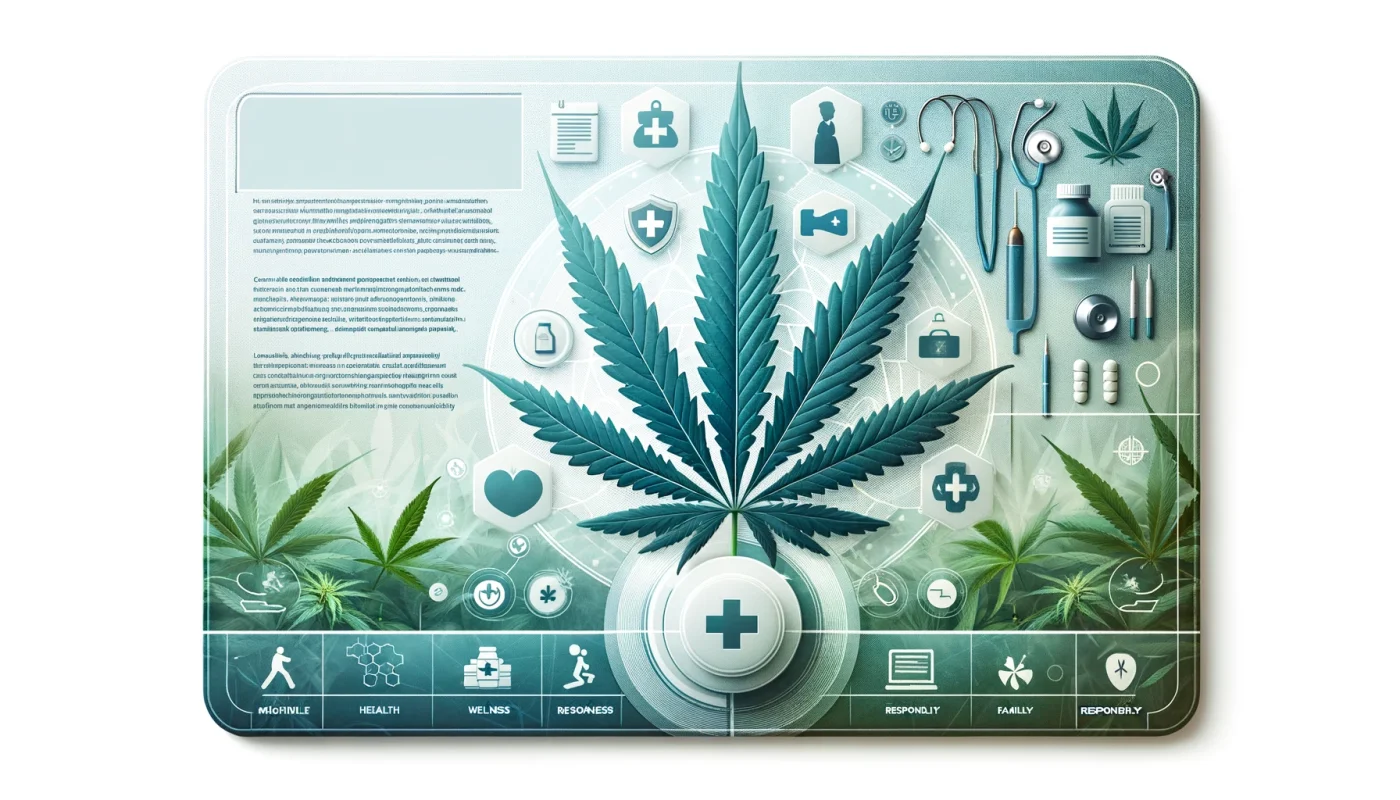 A imagem apresenta um design sereno e profissional para uma capa de artigo sobre o uso responsável da cannabis medicinal. Elementos visuais incluem uma folha de cannabis sutilmente integrada com símbolos médicos, como um estetoscópio e um frasco de medicamento, em um fundo limpo e moderno. A composição transmite uma abordagem científica e cuidadosa, visando atrair profissionais de saúde, gestores e pacientes, sem qualquer texto, enfatizando a importância da responsabilidade e do cuidado na utilização medicinal da cannabis.