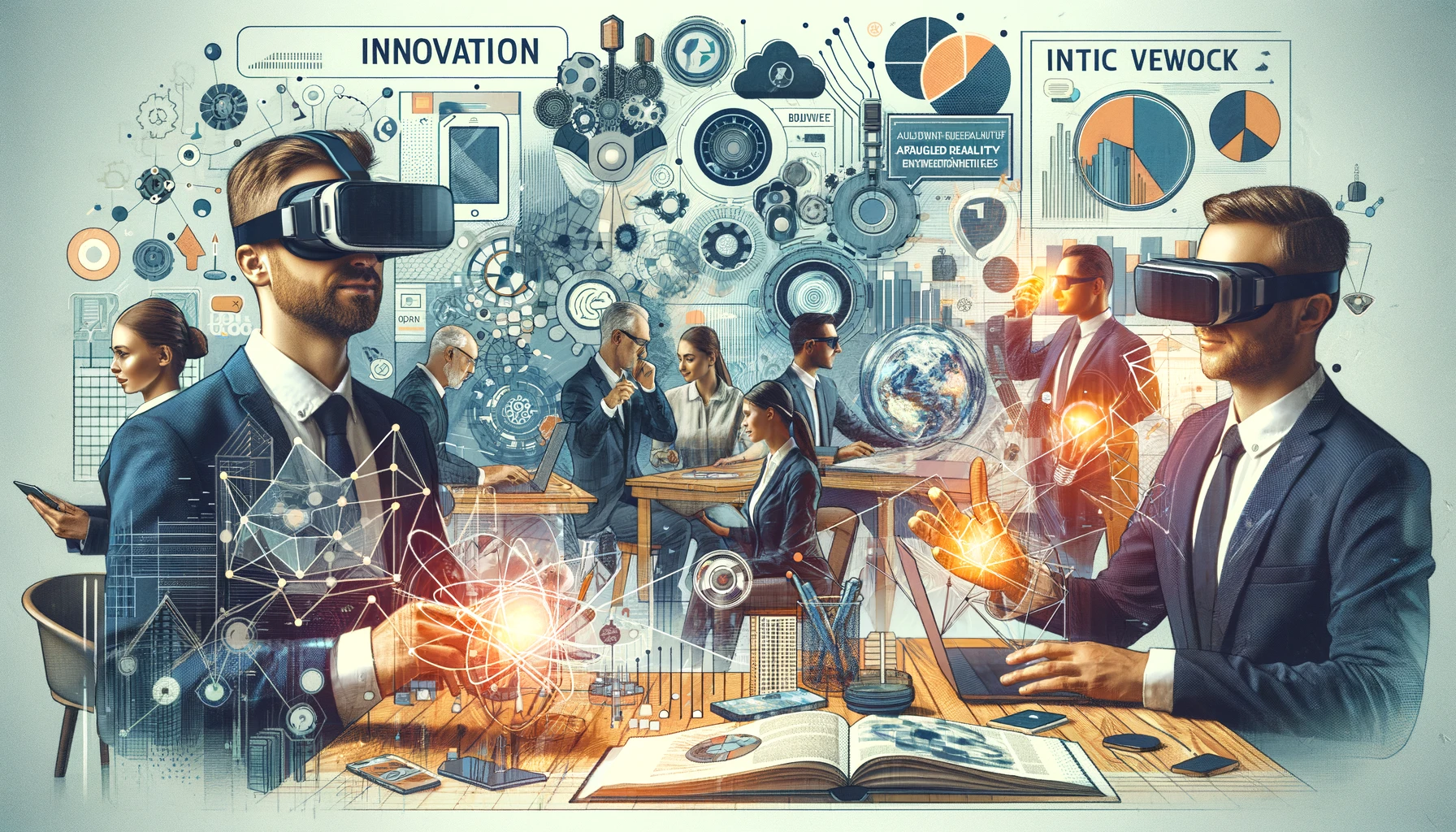 pessoas interagindo com tecnologias avançadas, como óculos de realidade aumentada e redes digitais, refletindo inovação. A paleta de cores escolhida sugere criatividade, confiança e insight, ideal para atrair profissionais de negócios, líderes e empreendedores. A composição é moderna e envolvente, destacando a integração da tecnologia no cotidiano e nos processos empresariais, perfeita para contextos profissionais e empreendedores.