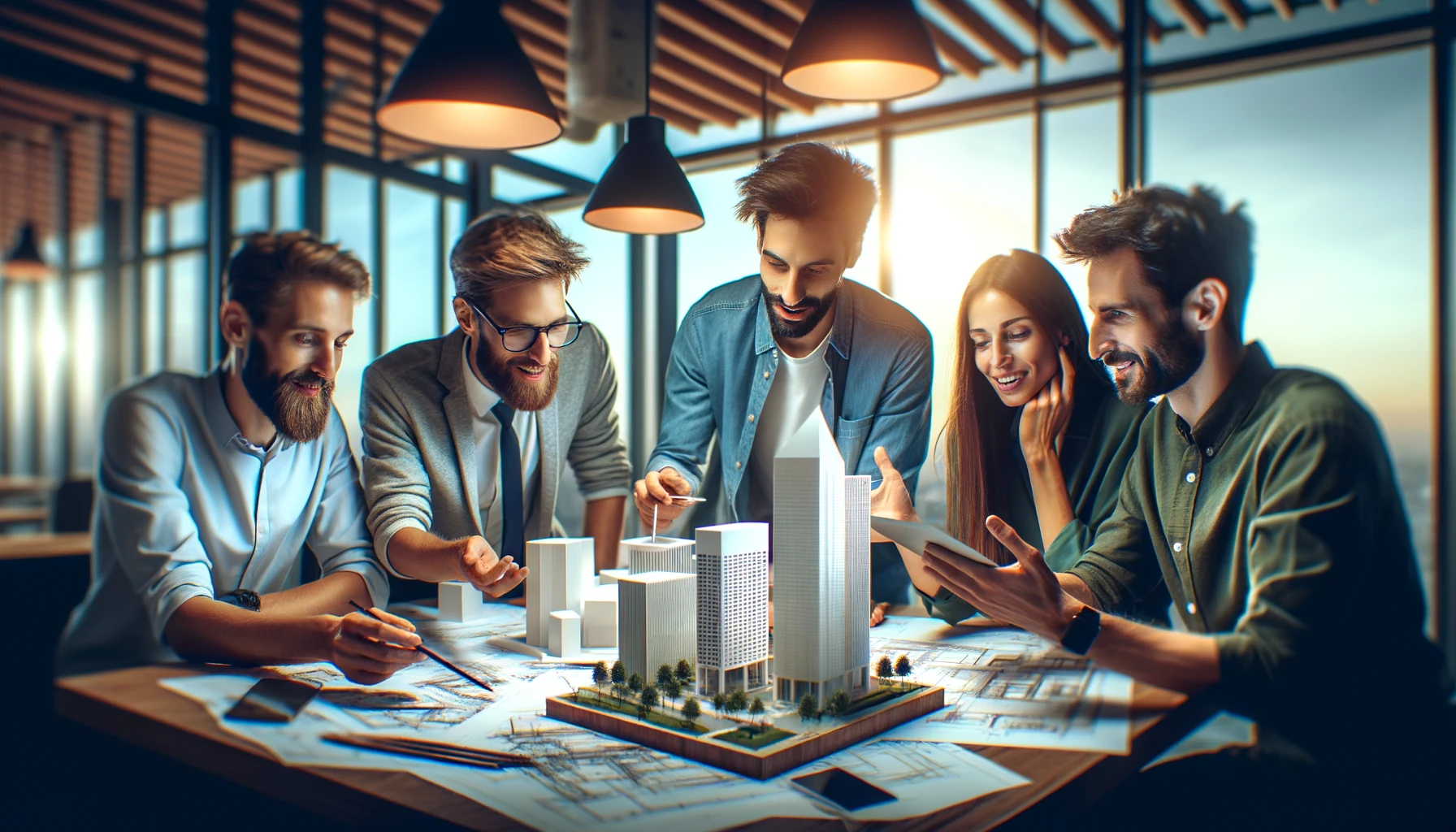 Equipes mais colaborativas e inovadoras: um pequeno grupo de profissionais diversos no meio de uma sessão de brainstorming criativo no setor de arquitetura e design. Eles estão interagindo com modelos arquitetônicos, esboços de design e ferramentas digitais, capturando suas expressões de criatividade, discussão e trabalho em equipe.