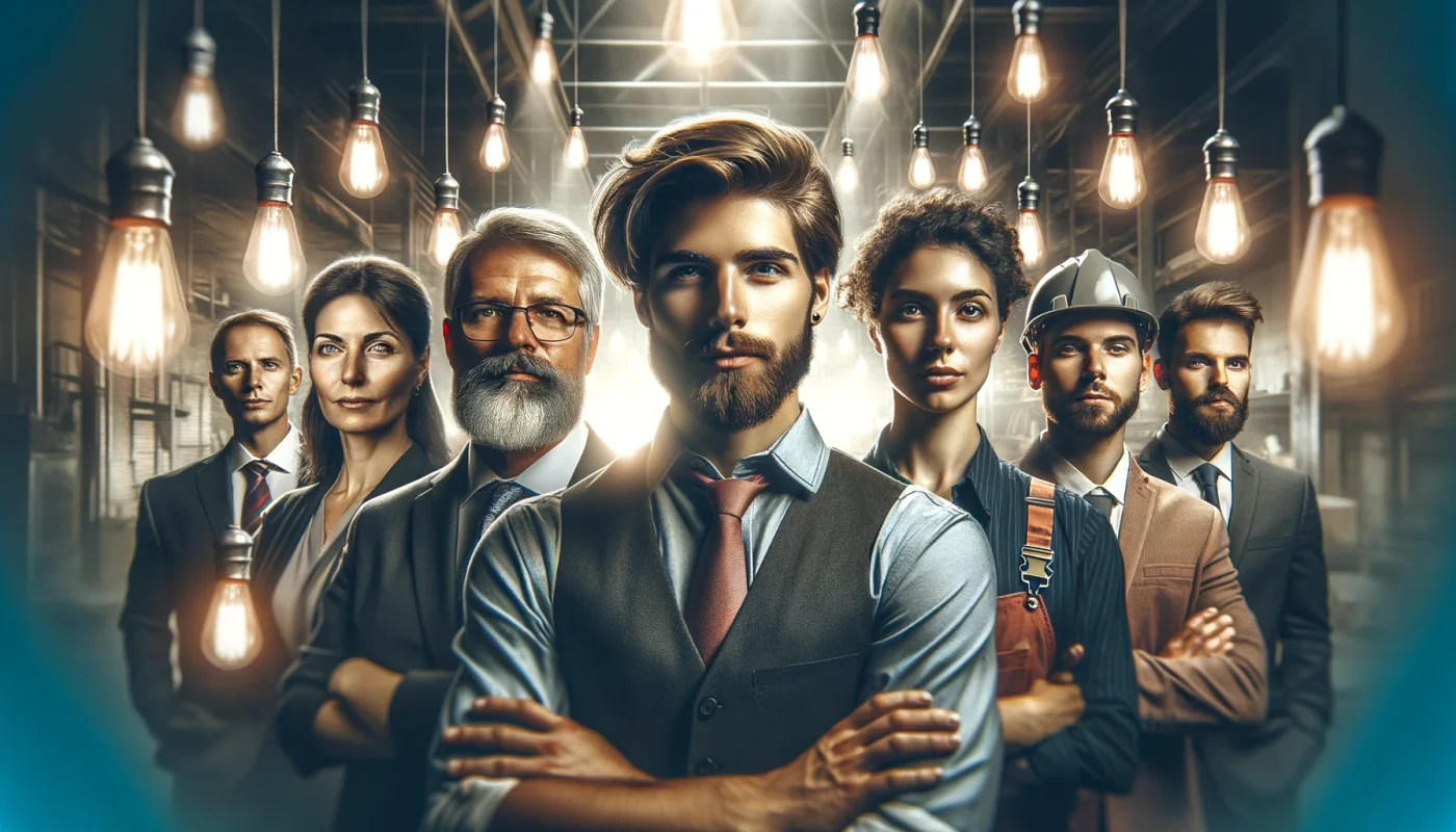 A imagem apresenta um close de um grupo diversificado de vendedores, com expressões de determinação e inspiração. Eles estão rodeados por elementos simbólicos de crescimento e inovação, como lâmpadas representando ideias e engrenagens simbolizando progresso, integrados sutilmente ao ambiente ao redor. A composição é harmoniosa e bem alinhada, com uma iluminação otimizada que destaca as faces e expressões dos vendedores, criando um efeito visual que evoca motivação e prontidão para a mudança. A imagem é desprovida de texto, permitindo que os elementos visuais transmitam a mensagem de transformação e desenvolvimento profissional.