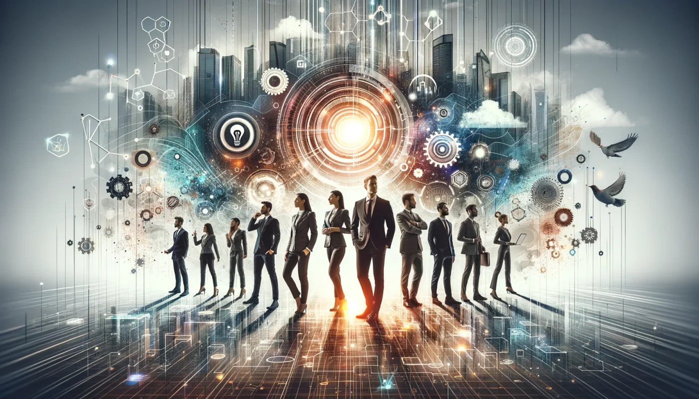 uma equipe de executivos em um ambiente inovador. A imagem retrata um grupo diversificado de profissionais em poses dinâmicas e colaborativas, sugerindo trabalho em equipe e criatividade. Eles estão cercados por elementos visuais que representam inovação, como padrões digitais abstratos, paisagens urbanas futuristas e ícones simbólicos de inovação, como engrenagens, lâmpadas e conexões de rede. A atmosfera é profissional, mas acolhedora, enfatizando o conceito de um grupo coeso trabalhando juntos em direção a soluções inovadoras