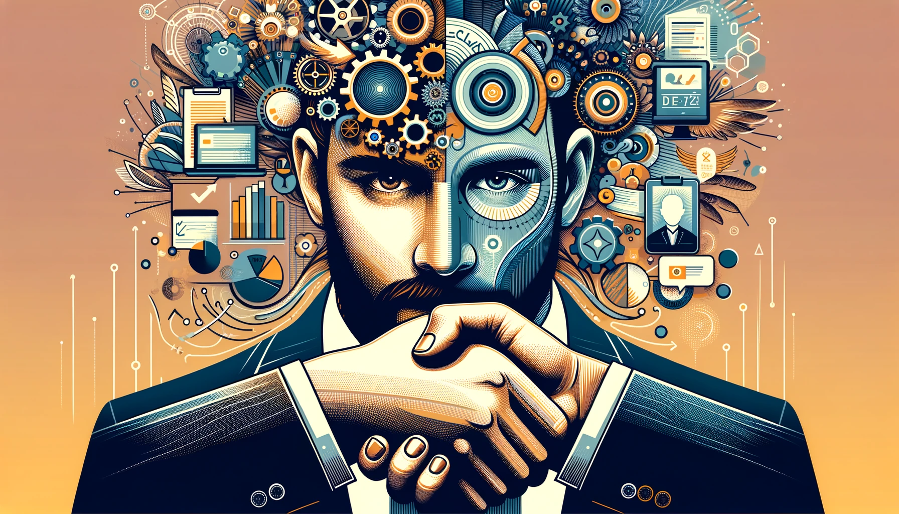 "Close-up de empreendedores demonstrando determinação e inovação, simbolizando a superação de desafios no mundo dos negócios. A imagem captura a essência da determinação humana, com foco em mãos se unindo sobre um acordo bem-sucedido e o uso de tecnologia inovadora, em uma paleta de cores que evoca criatividade, confiança e visão de futuro.