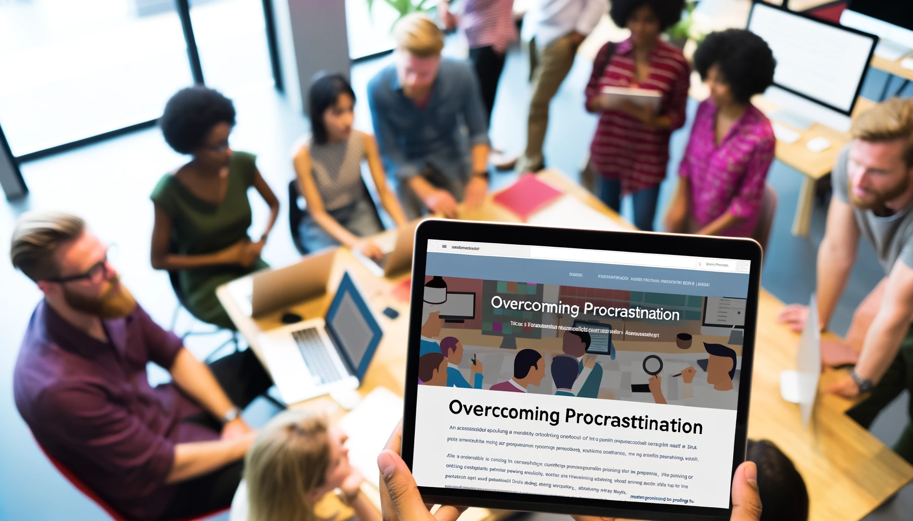 imagem mostra um grupo diversificado de profissionais em um ambiente de escritório moderno, trabalhando juntos em uma atividade corporativa. Estão sentados ao redor de uma mesa de reunião, concentrados e engajados em suas tarefas. Alguns estão usando laptops, enquanto outros estão discutindo e compartilhando ideias, demonstrando colaboração e trabalho em equipe. O ambiente é iluminado e vibrante, sugerindo uma atmosfera dinâmica e produtiva. A imagem captura o momento de foco e produtividade, simbolizando a superação da procrastinação em um cenário profissional.