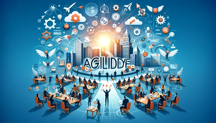 Capa de apresentação enfatizando a Agilidade nos Negócios com ícones de agilidade, equipes colaborativas e comunicação eficaz, ilustrando a dinâmica de transformação e motivação no ambiente de trabalho para melhorar a performance operacional e a satisfação do cliente