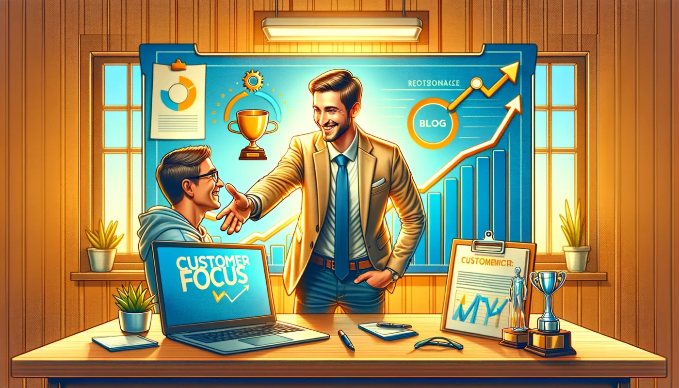 A imagem mostra uma cena vibrante e acolhedora em um ambiente de escritório moderno e bem iluminado. No centro, um profissional de negócios vestindo trajes casuais de negócios sorri e estende a mão para um cliente, que exibe uma expressão de satisfação e confiança. Eles estão cercados por símbolos de uma parceria bem-sucedida, incluindo um laptop aberto com gráficos de tendência ascendente na tela, documentos com assinaturas frescas sobre a mesa, e um pequeno troféu ou prêmio que simboliza a excelência no serviço. No fundo, uma lousa ou tela digital exibe a frase "Foco no Cliente" em letras grandes e amigáveis, reforçando o tema da imagem. A composição transmite uma atmosfera de sucesso, confiança mútua e foco no cliente, destacando a relação comercial próxima e positiva, ideal para uma capa de blog no formato retangular.