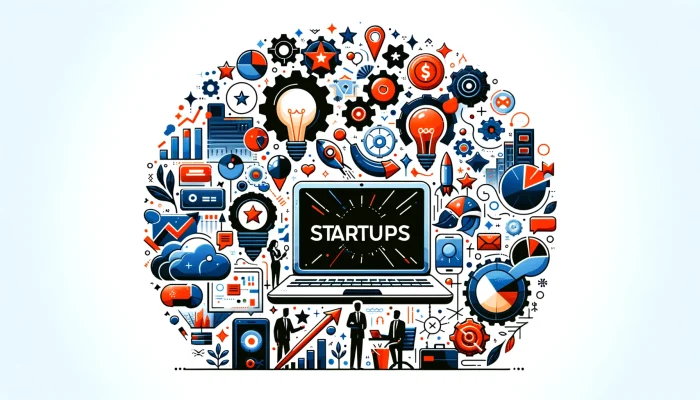 Capa vibrante e inspiradora para palestra sobre Startups, destacando inovação, crescimento e trabalho em equipe, sem palavras, refletindo o dinamismo e a paixão do empreendedorismo