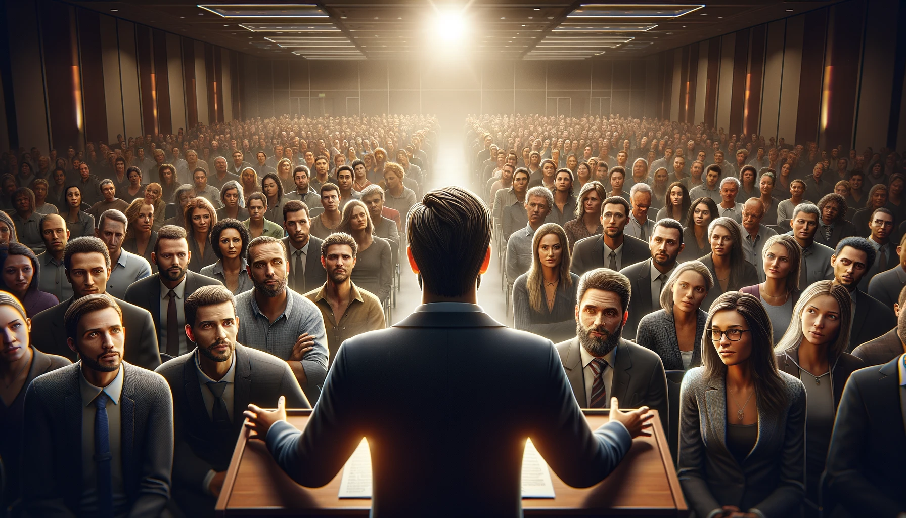 A imagem em formato retangular largo captura uma cena profundamente emocional e envolvente de um palestrante motivacional e sua audiência, em um ambiente interno iluminado de forma suave e convidativa. No centro, o palestrante, com uma expressão de confiança e paixão, faz contato visual direto com vários membros da audiência, reflet indo a superação do medo de falar em público. O palestrante é retratado como uma figura inspiradora, destacando-se contra um fundo sutilmente iluminado que sugere a atmosfera de uma sala de conferências. A audiência, visível em primeiro plano e em foco suave ao fundo, representa um grupo diversificado de indivíduos. Eles estão claramente engajados e emocionalmente afetados pelas palavras do palestrante, com algumas pessoas mostrando sinais de inspiração e outras em profunda reflexão. A diversidade na audiência é evidenciada pelas diferentes expressões faciais e posturas, variando de olhares fixos e atentos a sorrisos sutis e acenos de cabeça afirmativos. A iluminação na cena é cuidadosamente equilibrada para destacar as expressões faciais e a conexão emocional entre o palestrante e a audiência, criando uma atmosfera de intimidade e conexão. A ausência de texto e a concentração na troca emocional sublinham o poder transformador da comunicação eficaz. Este momento capturado enfatiza a importância da autenticidade e do impacto emocional na superação do medo de falar em público, celebrando o poder da oratória em conectar e inspirar pessoas.