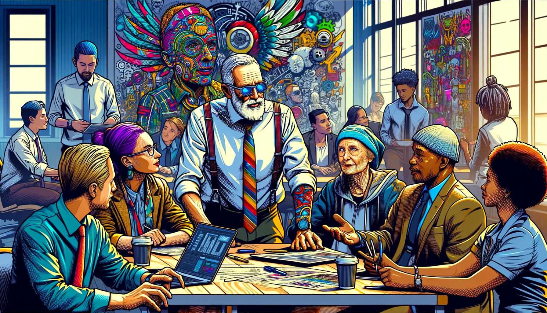 Ilustração realista de um ambiente de trabalho inclusivo, destacando indivíduos mais experientes no centro da colaboração. Eles estão engajados em diálogos com colegas de diversas idades e etnias em um escritório moderno, decorado com graffiti vibrante e móveis coloridos. A imagem enfatiza a liderança, sabedoria e contribuições valiosas dos trabalhadores mais velhos, em um contexto profissional que celebra a diversidade e a inclusão