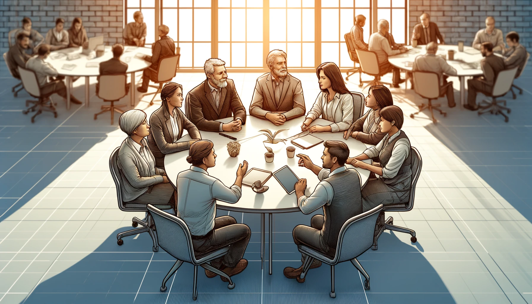 A imagem mostra um grupo diversificado de profissionais de diferentes gerações - jovens adultos, indivíduos de meia-idade e idosos - engajados em uma conversa construtiva em torno de uma mesa de reunião em um ambiente de escritório moderno. Eles são retratados de maneira realista, com expressões focadas e colaborativas. O ambiente sugere uma mistura de profissionalismo e calor, com dispositivos digitais e notas sobre a mesa, simbolizando inovação, trabalho em equipe e respeito mútuo. A composição transmite uma atmosfera positiva e unificada, encorajando o diálogo e a compreensão através das diferentes idades, perfeitamente alinhada com o tema de aproveitar a diversidade etária para aprimorar estratégias de resolução de conflitos no local de trabalho.