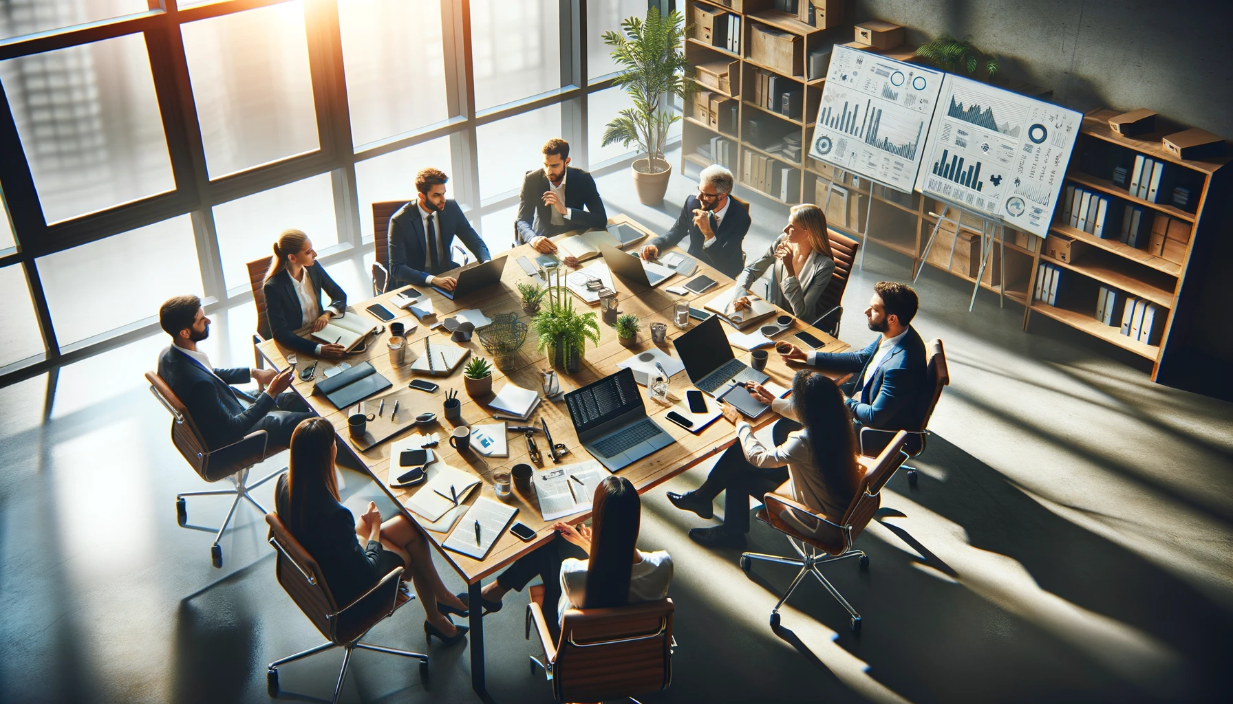 Esta imagem mostra um pequeno grupo de funcionários e um gestor em um momento de colaboração produtiva, destacando expressões faciais satisfeitas e gestos de comunicação positiva, simbolizando um ambiente de trabalho harmonioso e conforme às leis.