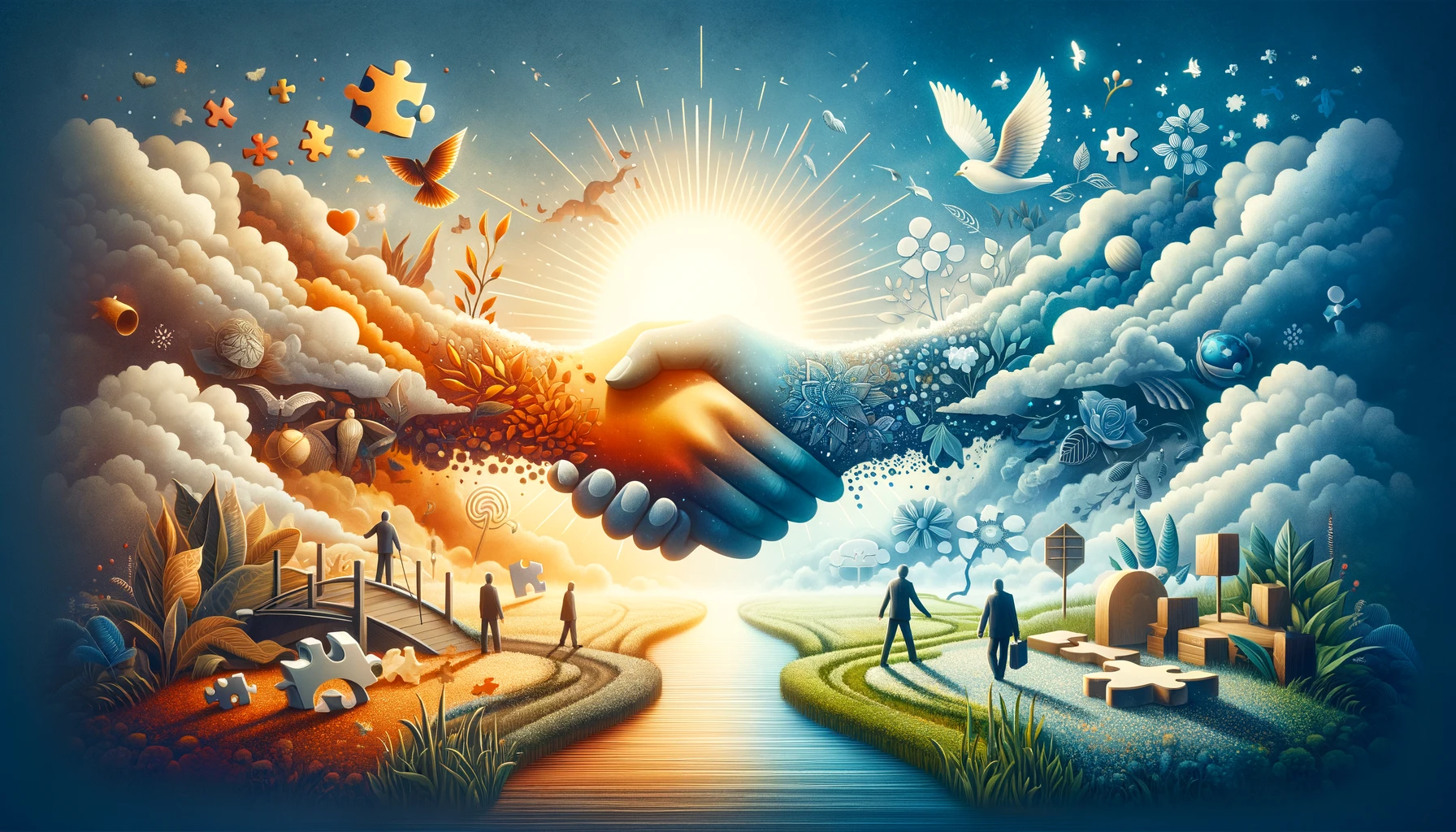 A capa para o blog foi criada, refletindo o tema de transformar conflitos em oportunidades construtivas através da comunicação assertiva. Ela simboliza crescimento, unidade e os resultados positivos da resolução eficaz de conflitos.