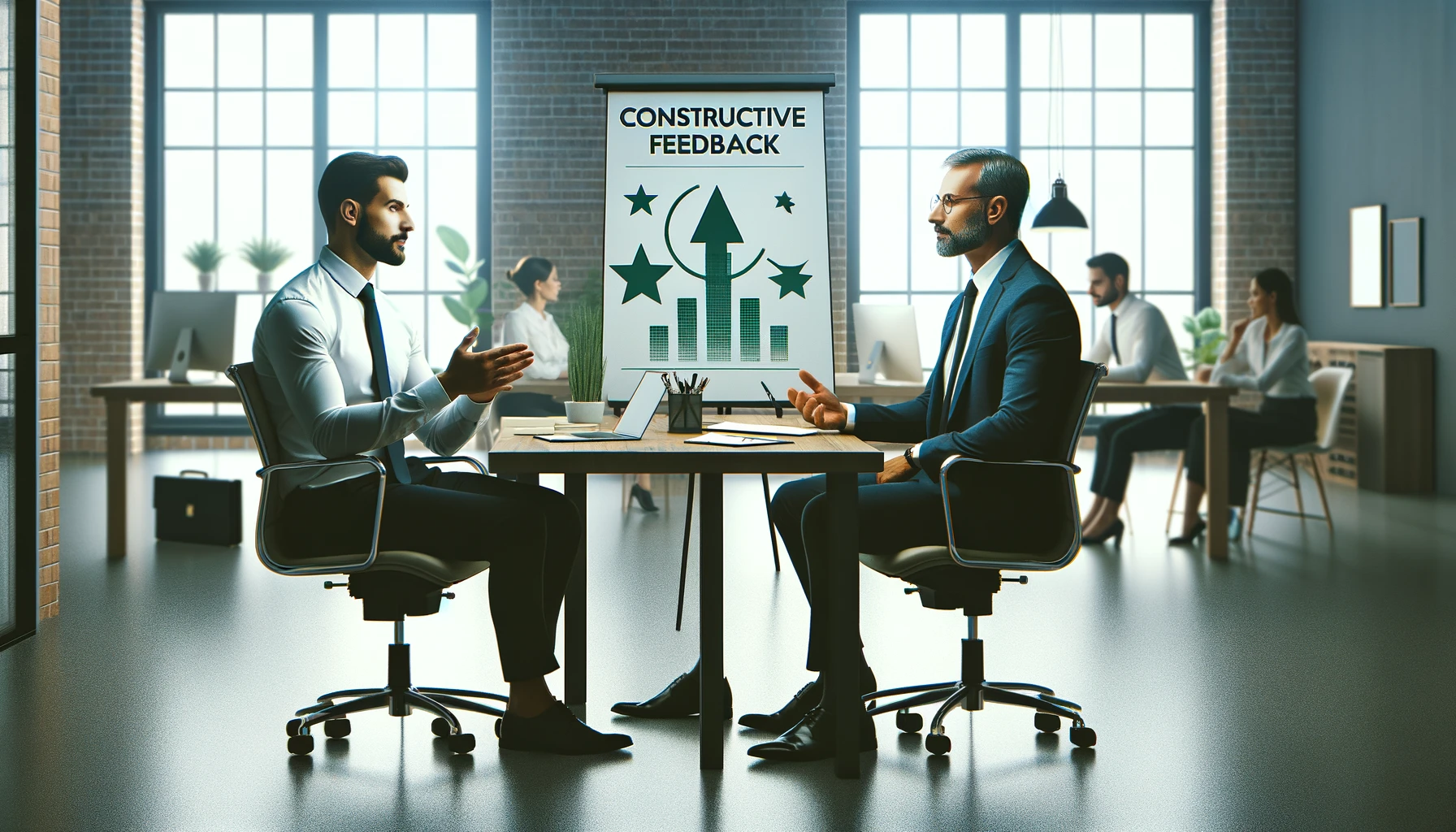 A imagem mostra um líder e um colaborador sentados ao redor de uma mesa em um escritório moderno, envolvidos em uma sessão de feedback construtivo. Eles parecem engajados em um diálogo sério, porém positivo, com elementos como computadores, cadernos e canetas ao redor, sugerindo um ambiente de trabalho profissional focado no crescimento e na comunicação eficaz.