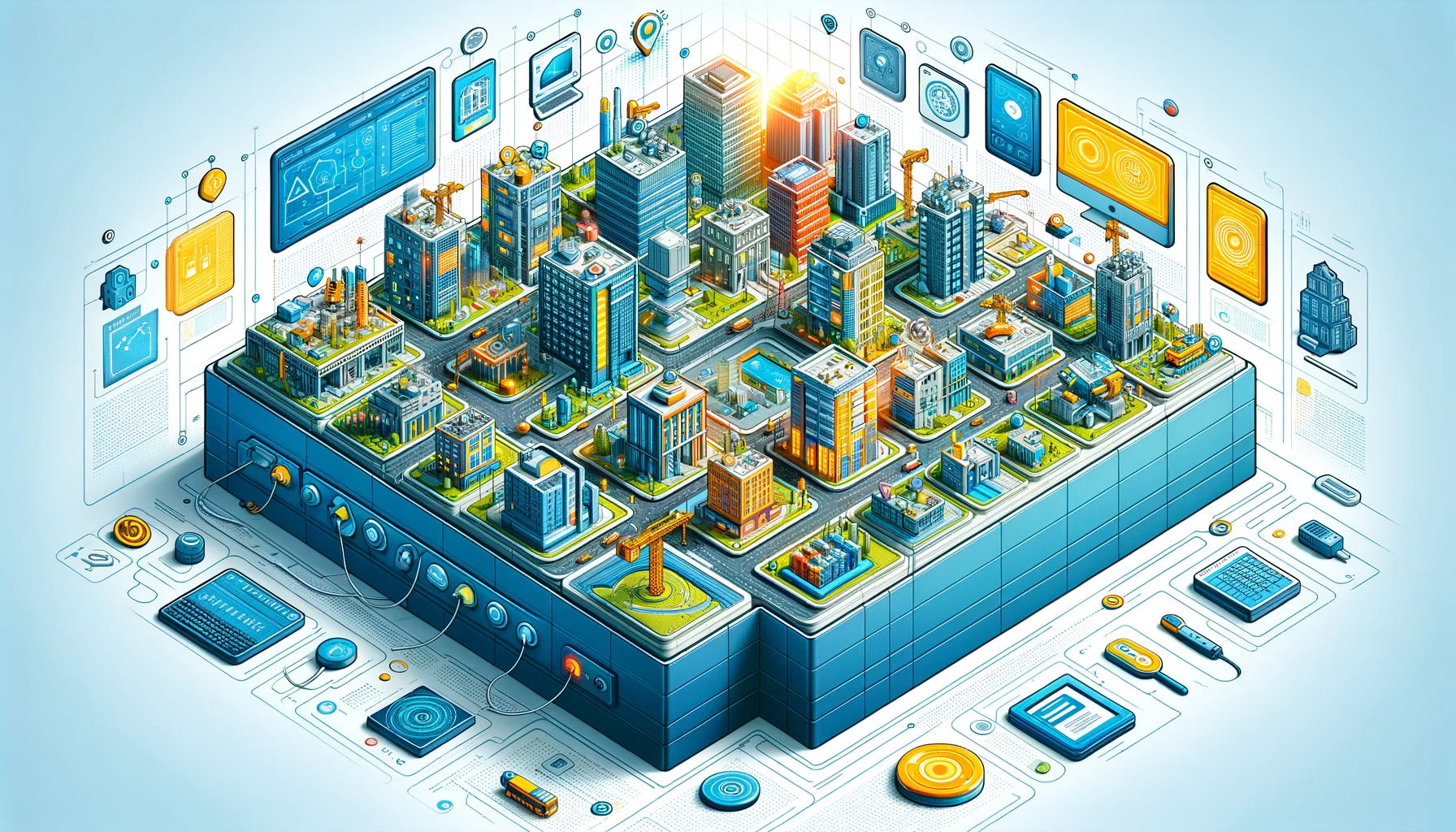 visão aproximada e detalhada, focando nos elementos que representam as metodologias Building Information Modeling (BIM) e City Information Modeling (CIM). Esta imagem destaca os modelos digitais tridimensionais de edifícios, infraestruturas urbanas e ícones de tecnologia, ilustrando a integração dessas ferramentas no processo de planejamento e construção.