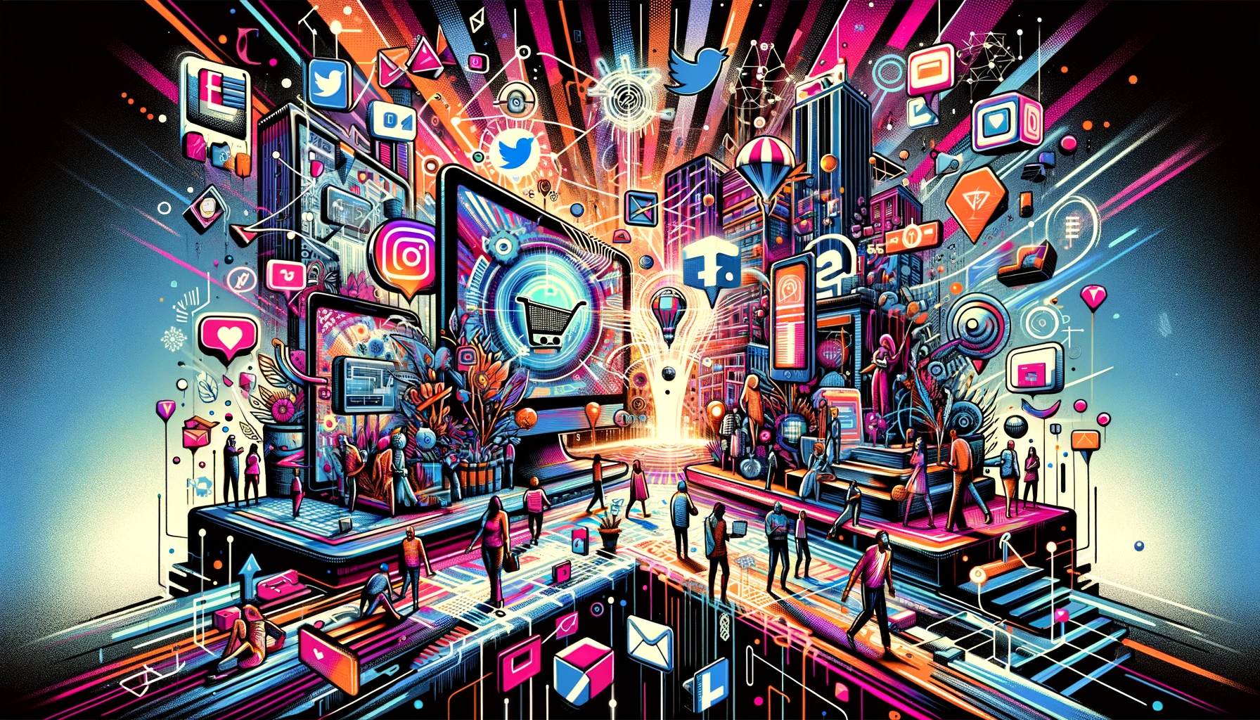 A imagem apresenta uma representação vibrante e dinâmica de um cenário virtual para vendas online, mergulhado em cores neon e detalhes punk. No coração da cena, ícones holográficos e elementos 3D flutuam, simbolizando ferramentas e tecnologias de venda online, como símbolos de mídias sociais, carrinhos de compras digitais e gadgets futuristas. Personagens diversificados são vistos interagindo neste mercado digital, enfatizando a inclusividade e o aspecto humano do comércio eletrônico. O fundo mescla elementos de alta tecnologia com toques orgânicos, incluindo graffiti inspirado na arte de rua, formas psicodélicas e padrões geométricos, criando uma imagem visualmente impactante que captura a essência das estratégias de vendas online com um espírito rebelde e artístico.