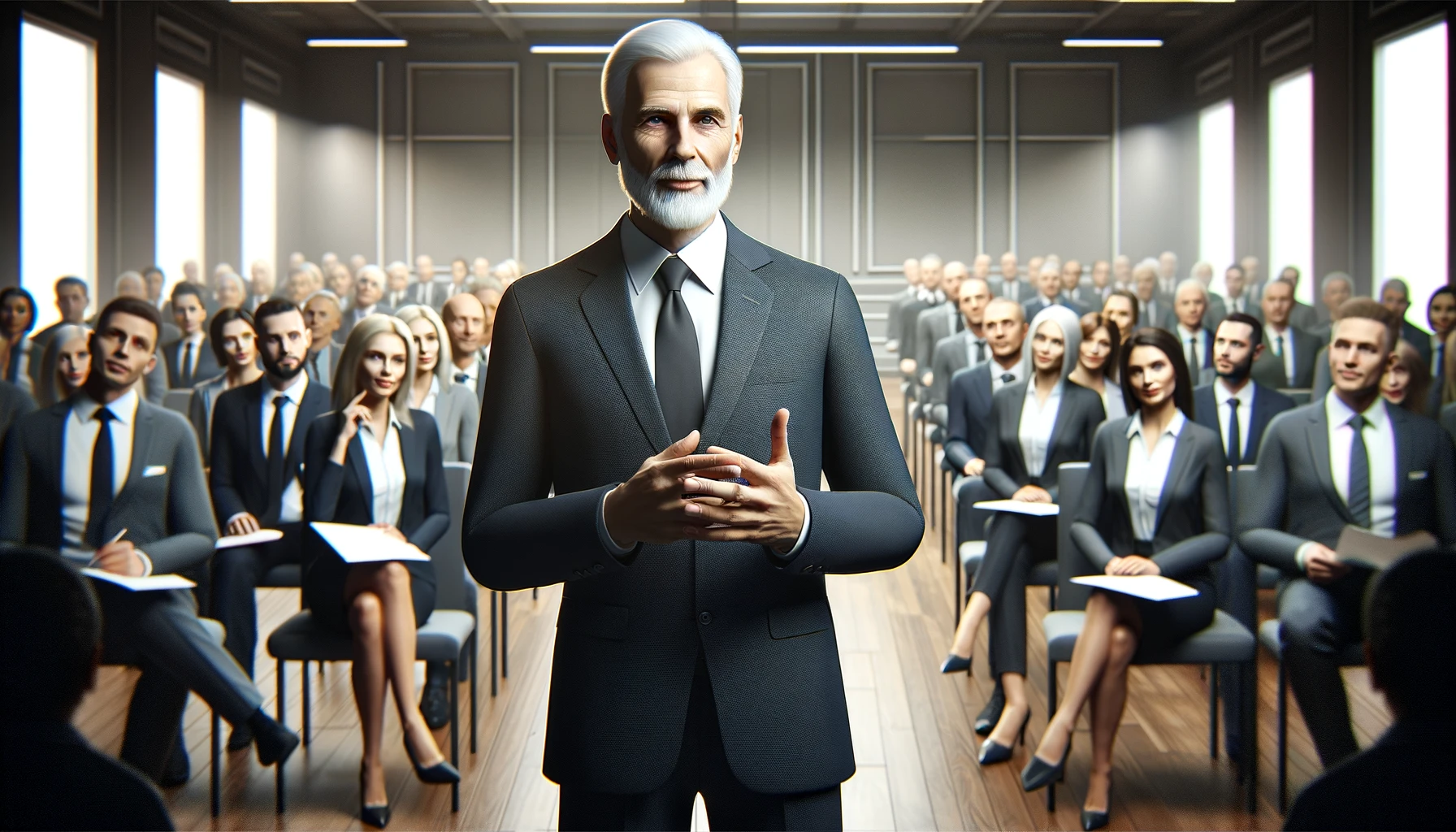 Um homem idoso, com cabelos brancos e barba, está de pé diante de uma sala de conferências, palestrando para uma plateia de executivos atentos. Ele veste um terno cinza escuro e tem uma postura confiante, com as mãos levemente entrelaçadas à sua frente. A plateia, em foco suave ao fundo, escuta com interesse. A sala é elegante e bem iluminada, transmitindo um ambiente de engajamento e troca intelectual.