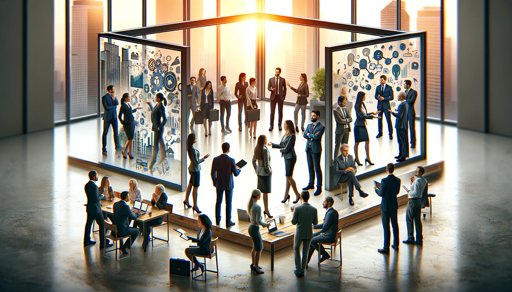 A imagem mostra um ambiente de trabalho moderno e iluminado naturalmente, onde diversos profissionais estão engajados em atividades que destacam suas habilidades interpessoais. No centro, um grupo de pessoas forma um semicírculo, participando de uma discussão animada que demonstra suas habilidades de comunicação. À direita, um indivíduo demonstra empatia e escuta ativa enquanto presta atenção ao colega. No primeiro plano, alguém apresenta ideias em um tablet digital, evidenciando habilidades de apresentação eficaz e trabalho em equipe. O espaço é aberto e convida à colaboração, adaptabilidade e inteligência emocional, refletindo a importância das soft skills no mundo corporativo.