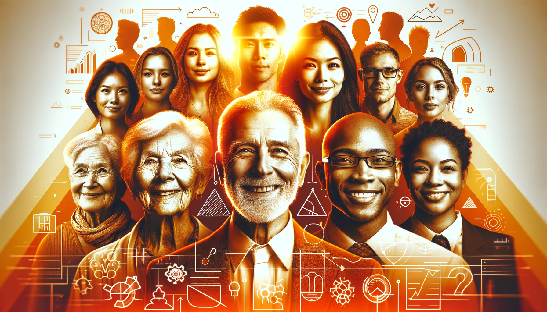 A imagem foi criada com foco exclusivo nas pessoas, representando liderança multigeracional sem a inclusão de letras, textos ou outros elementos escritos, utilizando uma paleta de cores em laranja.