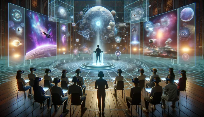  Uma cena de realidade virtual imersiva mostrando uma palestra sobre o metaverso, com um palestrante em uma plataforma digital cercado por projeções holográficas de mundos virtuais, enquanto a audiência, usando headsets de VR, explora as potencialidades e aplicações do metaverso.
