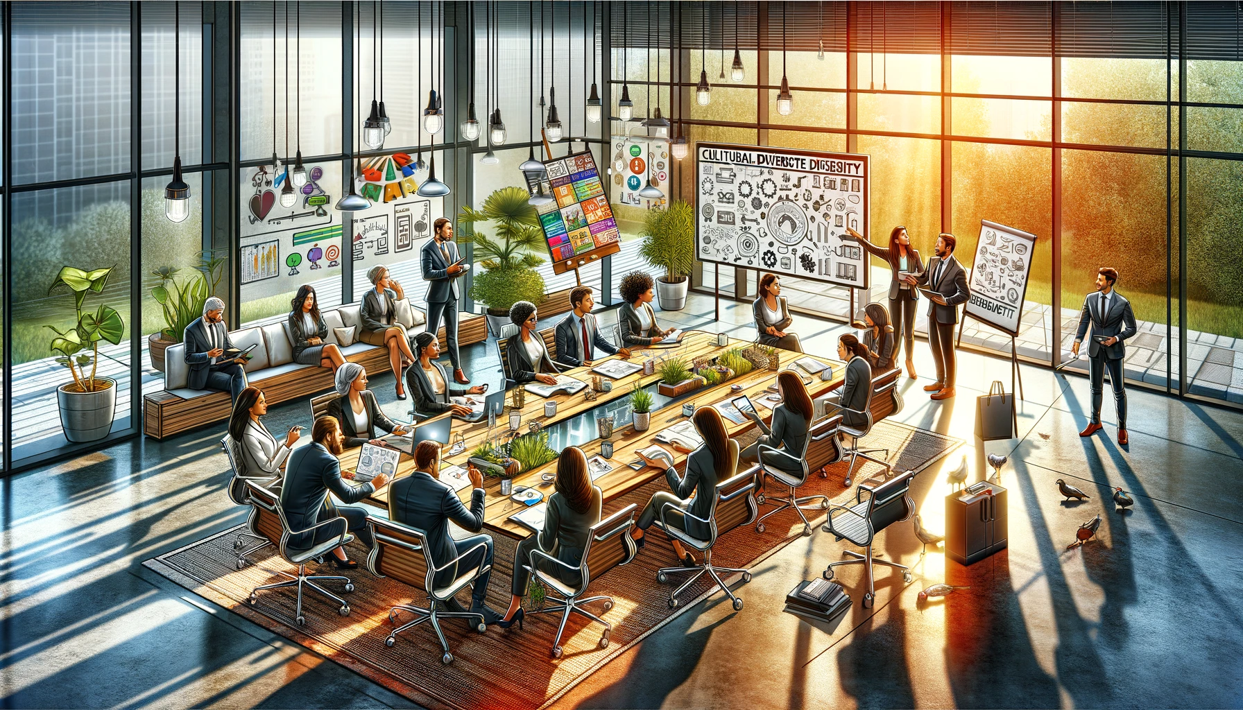 Uma cena vibrante e moderna de um escritório com plano aberto, onde um grupo diversificado de profissionais está engajado em várias atividades colaborativas. Ao redor de uma elegante mesa de conferência de vidro, membros da equipe entusiasmados compartilham ideias, com uma pessoa fazendo anotações em um tablet digital. Outro membro da equipe, demonstrando uma atitude positiva, usa um quadro branco digital para apresentar uma solução. Em um canto dedicado à diversidade cultural, indivíduos compartilham histórias em meio a bandeiras e artefatos culturais. Uma sessão de feedback ocorre em um canto aconchegante com cadeiras confortáveis, onde membros da equipe trocam feedback construtivo. Placas indicando espaços de trabalho privados e zonas de silêncio respeitam os limites pessoais. O escritório é preenchido com luz natural, criando uma atmosfera energética, mas harmoniosa, que incorpora relacionamentos interpessoais eficazes no trabalho.