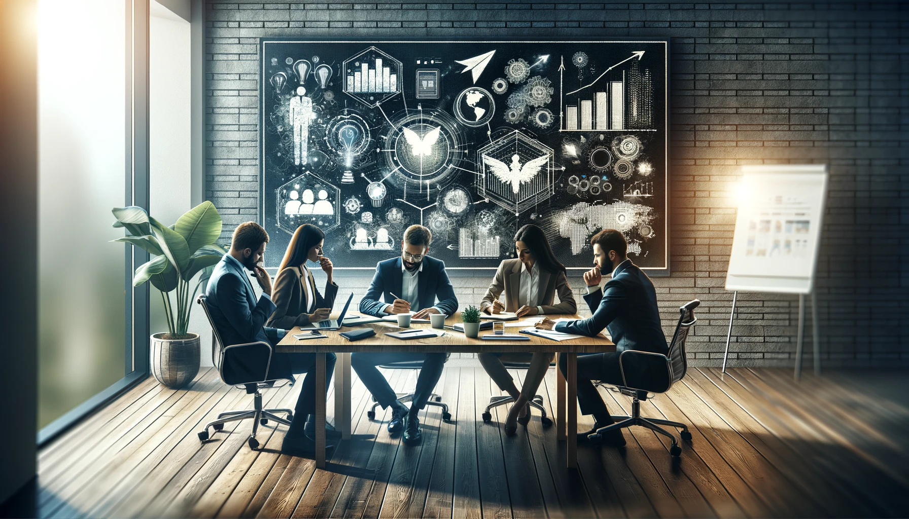 profissionais engajados em reunião estratégica de planejamento no escritório, com foco em colaboração e inovação, cercados por dispositivos digitais e material de apoio, refletindo determinação e trabalho em equipe para conquistar clientes e superar metas.