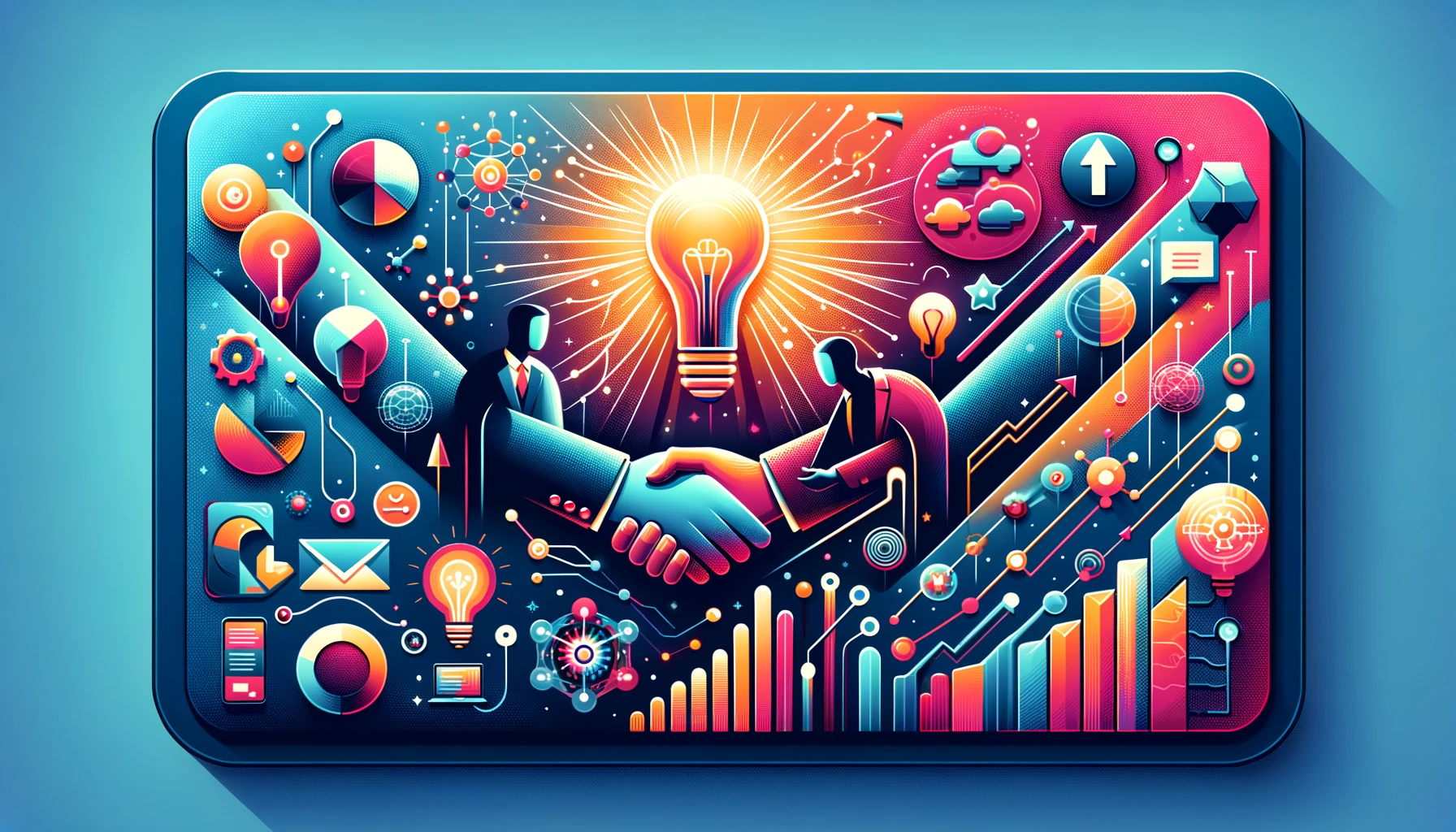 imagem que captura a essência das técnicas de vendas eficazes através de uma composição visual dinâmica e simbólica. Elementos como um aperto de mãos entre figuras abstratas, uma lâmpada brilhante para inovação, gráficos em ascensão e elementos digitais transmitem crescimento, conexão e transformação no processo de vendas. O esquema de cores vibrante e a estética moderna destacam-se, oferecendo uma representação visual poderosa da jornada para dominar técnicas de vendas e alcançar resultados notáveis.