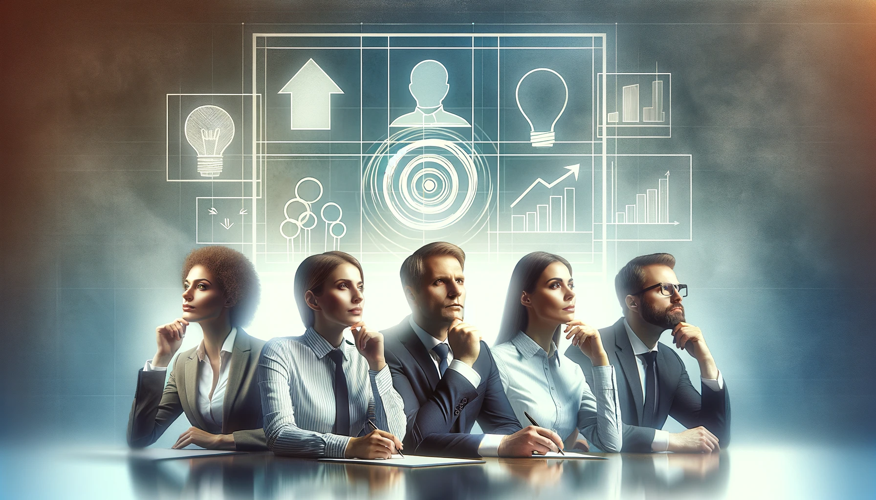 A imagem mostra um close-up de rostos de diversas pessoas em um ambiente profissional, exibindo expressões determinadas e pensativas. O fundo é abstrato, sugerindo um contexto corporativo e enfatizando a reflexão sobre desenvolvimento pessoal e planejamento estratégico. As expressões capturam um misto de propósito, ambição e contemplação, transmitindo uma mensagem inspiradora e motivacional para líderes e profissionais focados em definir objetivos realistas e alcançáveis em suas carreiras.