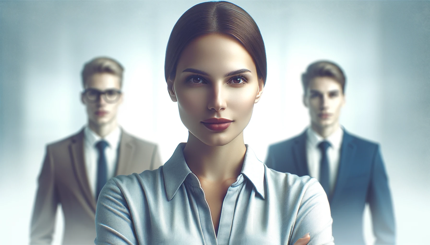 "Desenvolver a Autoliderança". A imagem apresenta uma cena profissional e corporativa, onde uma mulher líder se destaca diante de outras três pessoas, demonstrando confiança, determinação e visão de futuro, sem se limitar a uma paleta de cores específica.