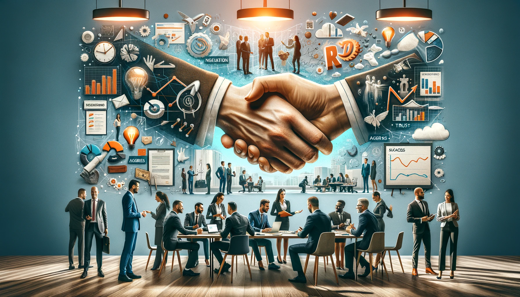 cenários da vida real relacionados a negociações comerciais bem-sucedidas e à arte da persuasão. Este design visa transmitir visualmente a atmosfera profissional e as interações estratégicas destacadas