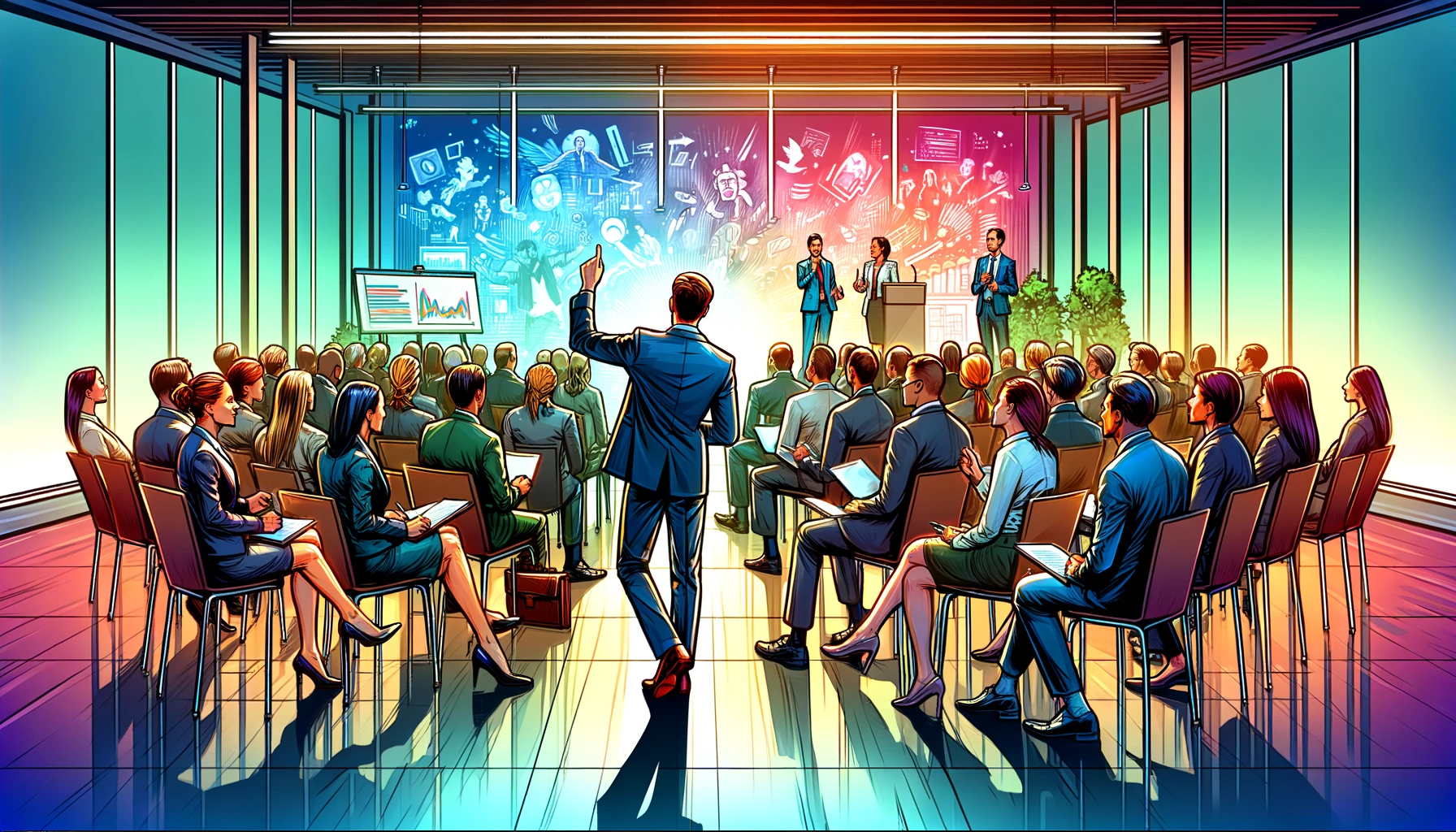 momento vibrante de uma apresentação impactante, onde a narrativa é a chave para o engajamento do público em um ambiente profissional
