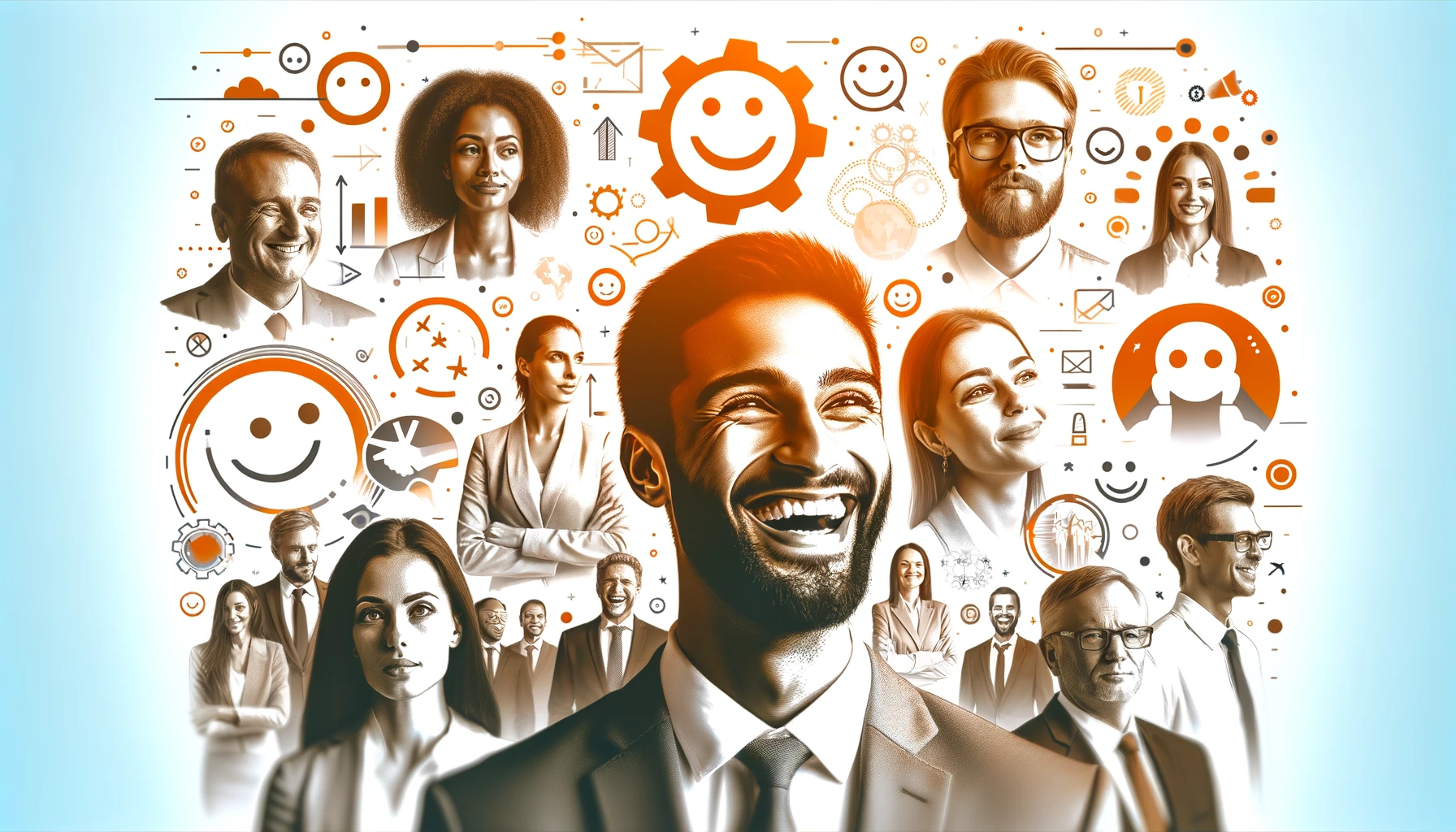 ma arte retangular para blog, iluminada em tons de laranja e branco, mostra close-ups de pessoas diversas exibindo expressões de felicidade e realização no ambiente de trabalho. Ícones sutis relacionados à felicidade e ao trabalho, como rostos sorridentes e símbolos de equipe, estão harmoniosamente integrados ao fundo, criando uma atmosfera acolhedora e convidativa que promove um sentido de comunidade e entusiasmo profissional, sem qualquer texto ou logo
