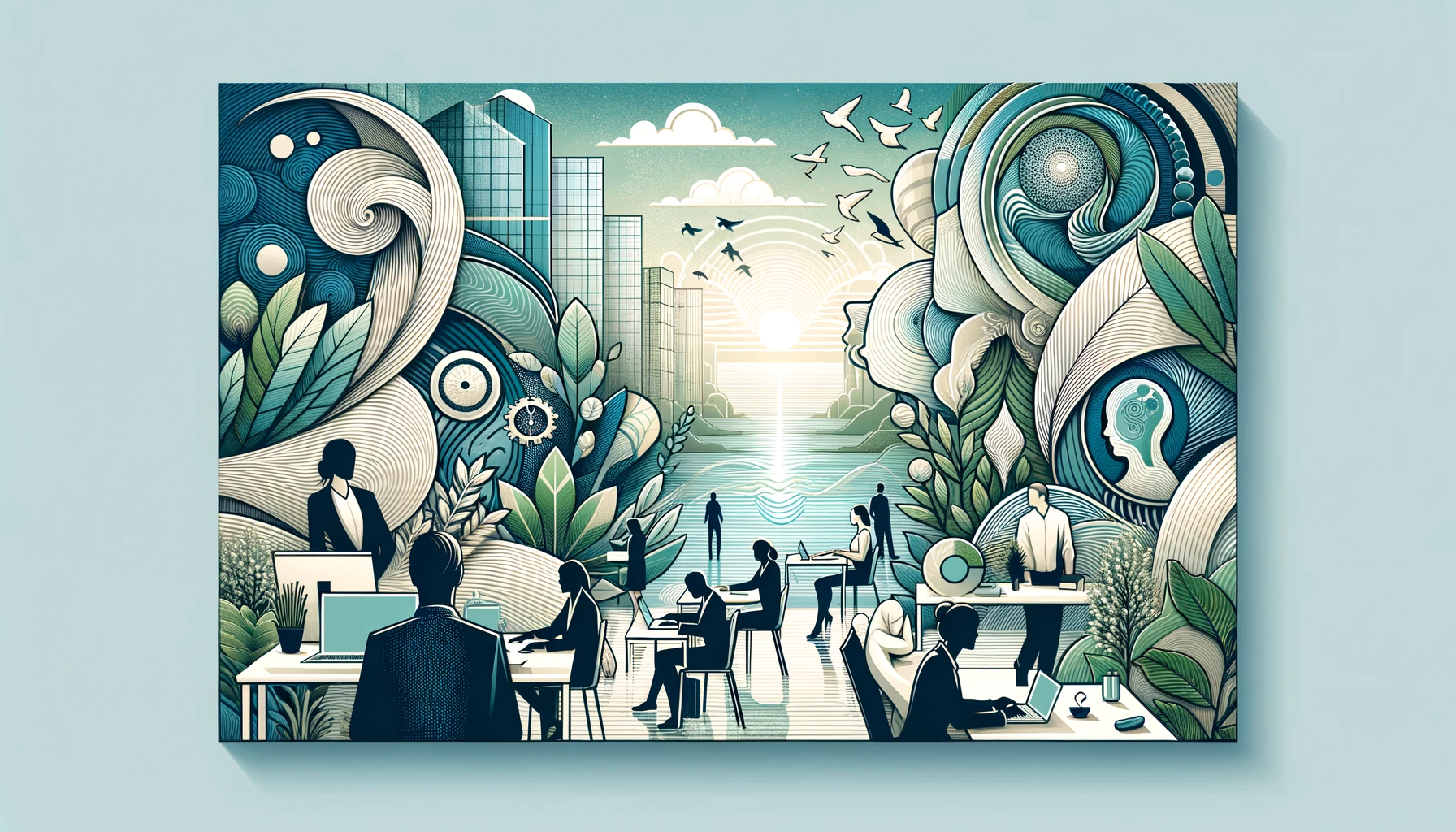 A capa apresenta um design moderno e tranquilo, simbolizando a gestão do estresse e o bem-estar no ambiente de trabalho. Elementos como um ambiente de escritório sereno, rostos calmos de profissionais diversos, plantas verdes, um mar calmo e um céu pacífico são combinados em uma paleta de cores suaves de azuis, verdes e brancos. Símbolos abstratos sugerem técnicas de Coerência Cardíaca e Hipnose Ericksoniana, promovendo uma atmosfera de calma e equilíbrio.