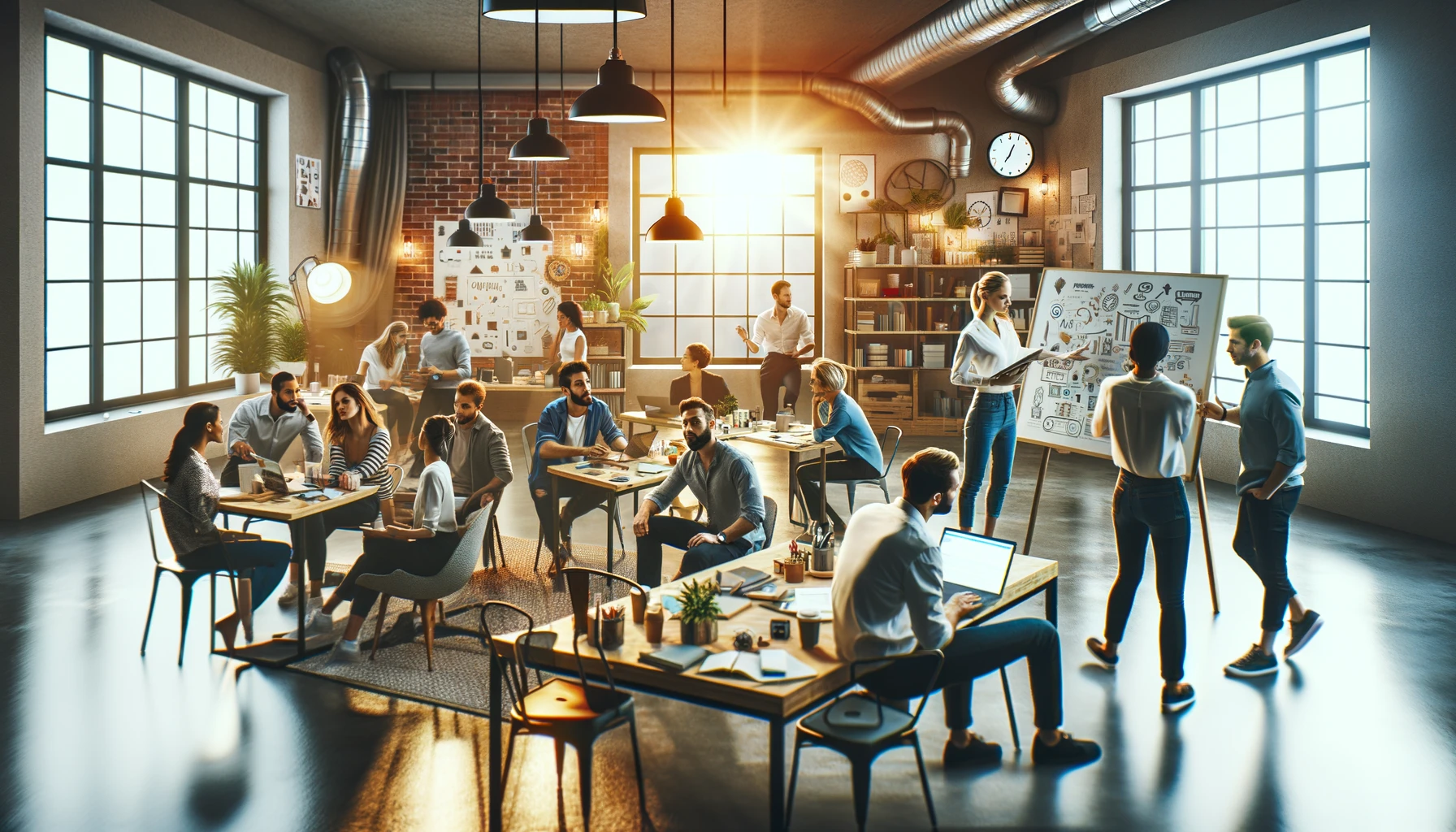 imagem com uma cena mais realista de empreendedores em um espaço de co-working, destacando a colaboração e resiliência no dia a dia.