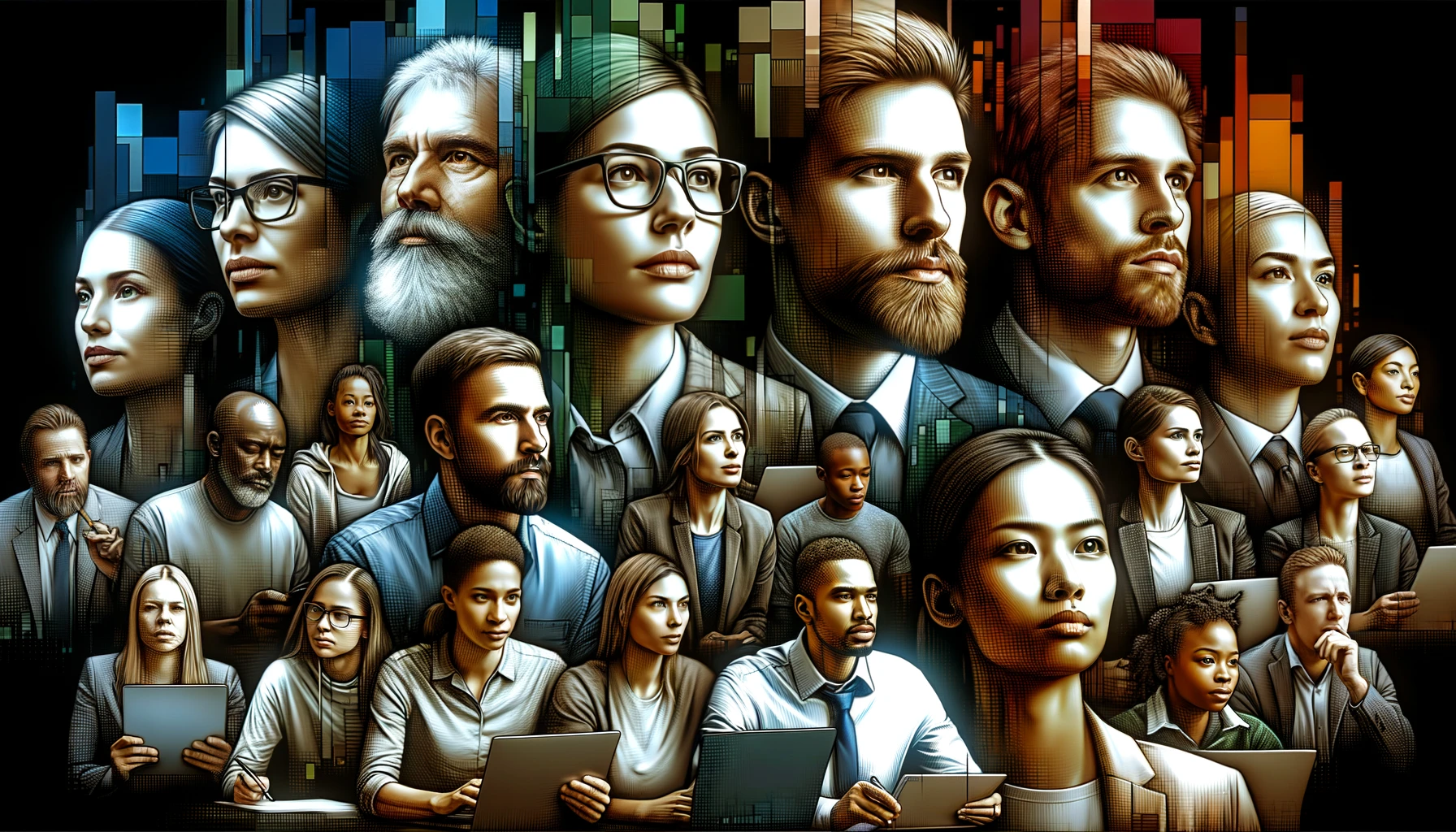 imagem retangular focada nos rostos de empreendedores, capturando suas expressões de determinação, inovação e colaboração dentro do contexto da economia digital. A intensidade de sua dedicação e a diversidade de suas experiências são destacadas, em um ambiente de trabalho digital dinâmico e inovador