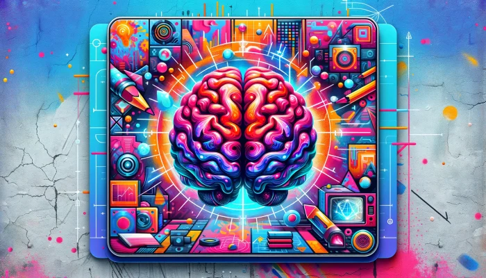 Capa de blog retangular vibrante, focada no tema Neurovendas, apresentando um fundo dinâmico de graffiti com cores candy. No centro, destaca-se um cérebro 3D estilizado e iluminado, simbolizando a ativação de estratégias de neurovendas, cercado por elementos holográficos futuristas. A composição é isenta de personagens humanos ou texto, enfatizando uma representação artística abstrata dos conceitos de neurovendas, mesclando estética de arte de rua com toques futuristas