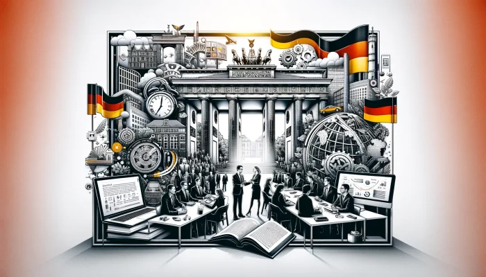 Imagem  com foco na importância de realizar uma palestra em alemão na sua empresa, ilustrando a expansão global dos negócios e a integração cultural. A imagem sugere um mundo dinâmico e interconectado, onde aprender alemão abre novas oportunidades internacionais e enriquece a cultura corporativa