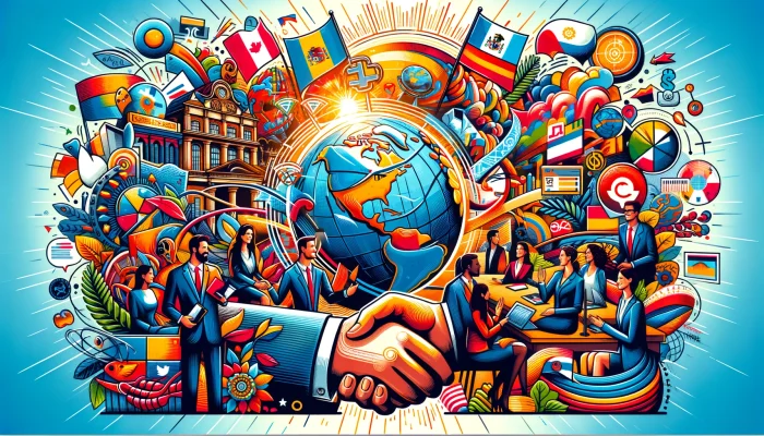 Imagem criada para destacar os benefícios de realizar uma palestra em espanhol na sua empresa. Ela simboliza as oportunidades que falar espanhol pode trazer para os negócios, como fechar acordos, expandir a base de clientes internacionalmente e ampliar o networking. A imagem reflete o apelo global da língua espanhola e o potencial que tem para transformar estratégias de negócios e vendas, tudo isso apresentado de forma colorida e envolvente. 