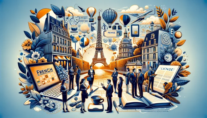 A capa retangular foi criada para destacar as vantagens de realizar uma palestra em francês na sua empresa. Ela transmite a sofisticação e a riqueza cultural associadas à língua francesa, sugerindo que aprender francês pode abrir novos caminhos para negócios internacionais e trocas culturais. A imagem evoca o charme e a elegância da França de maneira estilosa e moderna. 