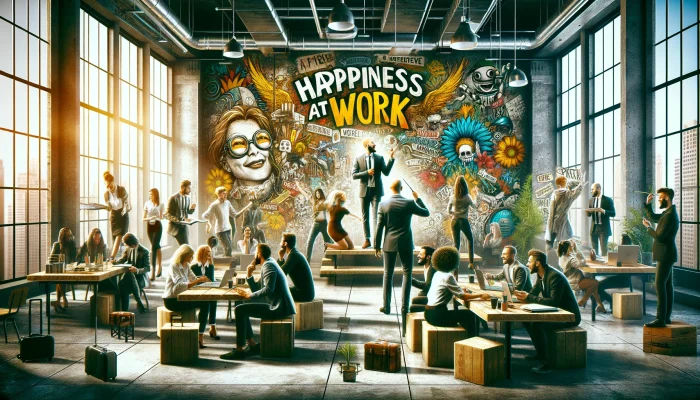 A imagem é uma capa de blog vibrante e inspiradora, retratando o tema "Felicidade no Trabalho" com um toque urbano e realista. No centro, um escritório moderno e ligeiramente rebelde serve de cenário, onde elementos da arte de rua e da cultura punk são incorporados ao ambiente corporativo. Um grupo diverso de funcionários, retratados com detalhes quase realistas, estão engajados em trabalho colaborativo, suas expressões refletem uma mistura de concentração e felicidade. O espaço é adornado com grafites motivacionais nas paredes, oferecendo uma decoração inspiradora e única. Assentos não convencionais, porém confortáveis, estão dispostos pelo local, junto a espaços abertos e bem iluminados que promovem a criatividade e a interação entre os colaboradores. Uma figura central, possivelmente um palestrante ou líder de equipe, destaca-se inspirando o grupo. Esta figura está diante de uma lousa ou tela digital que exibe as palavras "Felicidade no Trabalho" em letras artísticas e ousadas. A imagem emana uma atmosfera de um local de trabalho onde a inovação, diversidade e alegria são fundamentais para a produtividade e sucesso.