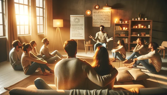 A imagem mostra um casal sentado juntos, ouvindo atentamente um palestrante à frente de uma sala acolhedora e iluminada. O ambiente promove intimidade e conexão, com os casais acomodados próximos uns dos outros em cadeiras ou sofás confortáveis. O palestrante, visível em primeiro plano, gesticula expressivamente, demonstrando paixão pelo tema. O cenário sugere um workshop ou seminário sobre relacionamentos, com uma lousa ou tela exibindo mensagens positivas sobre parceria e crescimento. A atmosfera é de aprendizado compartilhado e apoio mútuo, refletindo o objetivo de uma palestra para casais buscando fortalecer seu vínculo.