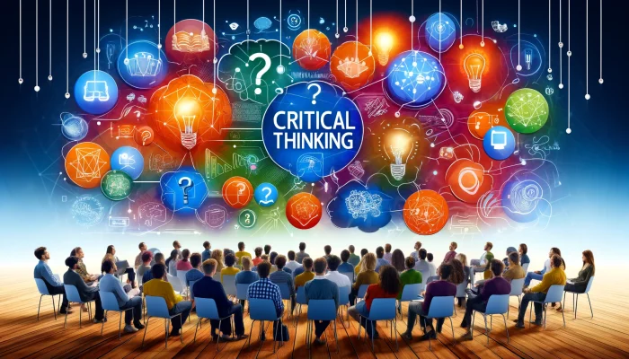 A arte criada reflete o tema de palestras sobre pensamento crítico, capturando um grupo diversificado de pessoas em uma discussão reflexiva, cercadas por símbolos que representam ideias, análise e raciocínio complexo, em um ambiente educacional ou profissional dinâmico.