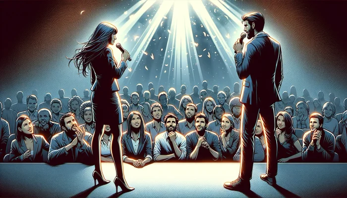 "Homem e mulher palestrando juntos em um palco para um público diversificado em um espaço de conferência moderno e bem iluminado, destacando a interação vibrante e a troca de conhecimentos."