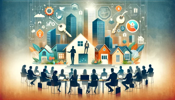 Uma arte sofisticada e atraente que representa visualmente uma conferência imobiliária para corretores de imóveis, mostrando um grupo diversificado de corretores participando de uma oficina, ferramentas digitais modernas sendo apresentadas, um vibrante cenário urbano ao fundo simbolizando oportunidades de mercado, e chaves e casas representando o cerne de sua profissão. O tom geral é inspirador e profissional, com uma paleta de cores quentes e convidativas, sugerindo uma atmosfera acolhedora e otimista para o desenvolvimento profissional.