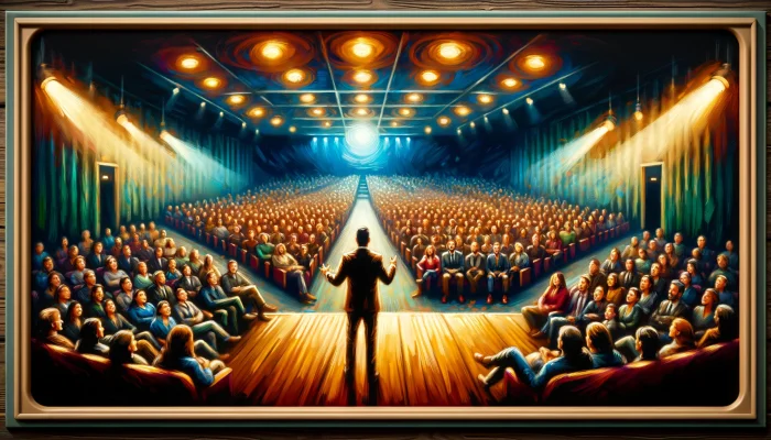 A imagem retrata um auditório cheio de participantes atentos, assistindo a uma palestra para professores. No primeiro plano, um palestrante carismático, em pé no palco, gesticula com paixão enquanto se comunica com a audiência. As fileiras de assentos são dispostas de maneira a criar uma conexão íntima entre o palestrante e cada ouvinte, curvando-se suavemente em direção ao palco. A iluminação suave e quente do ambiente destaca o palestrante e promove uma atmosfera acolhedora e focada. A cena captura a essência dinâmica e inspiradora de uma palestra ao vivo, onde conhecimento e ideias são compartilhados, inspirando todos os presentes.