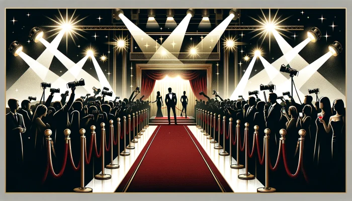 A imagem retangular e ampla captura a essência de eventos exclusivos com presença VIP, destacando um ambiente de prestígio e glamour. Elementos como um tapete vermelho, cordas de veludo, holofotes e silhuetas de figuras VIP cercadas por fotógrafos e admiradores são visíveis. A paleta de cores sofisticada, com toques de dourado, preto e vermelho, evoca a atmosfera glamourosa e atraente de eventos de alto perfil, transmitindo a ideia de uma ocasião inesquecível e de alta categoria.