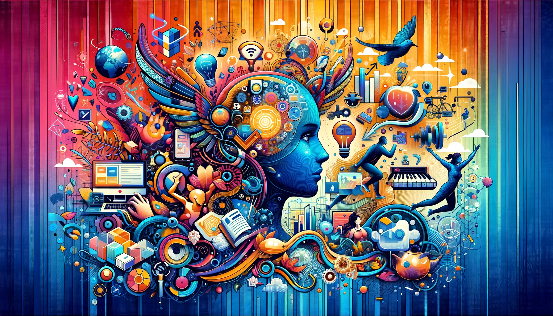 imagem de capa para o blog, capturando a essência da inovação, crescimento pessoal e a transformação digital em nossas vidas diárias. Esta imagem visa inspirar e convidar os leitores a explorar as possibilidades que a era digital oferece para melhorar a produtividade, saúde e educação.