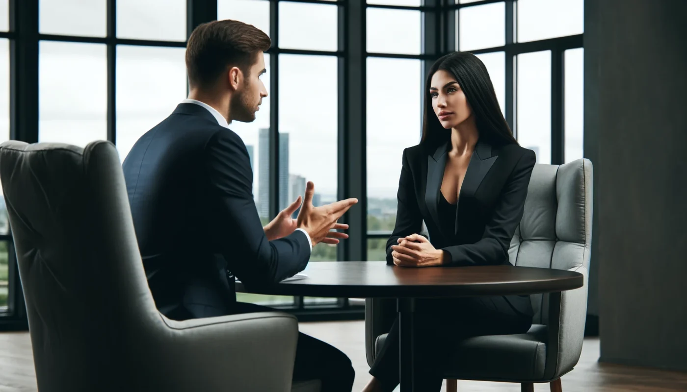 A imagem mostra um executivo e sua mentora em um ambiente de escritório moderno, sentados à uma mesa redonda e profundamente envolvidos em uma conversa. A mentora, uma mulher com longos cabelos negros lisos, veste um traje profissional com decote sutil, e gesticula expressivamente enquanto compartilha suas ideias. O executivo, vestido com um terno elegante, escuta atentamente, acenando em concordância. O escritório é bem iluminado, com uma grande janela ao fundo que oferece uma vista do horizonte da cidade, capturando um momento de crescimento profissional e a conexão pessoal e respeito mútuo entre mentora e mentorado.